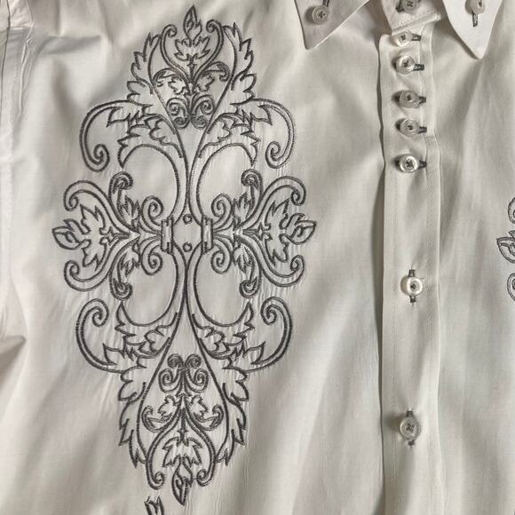 Embroidered white button-down shirt, mens large long sleeve pointed collar shirt - Picture 3 of 8